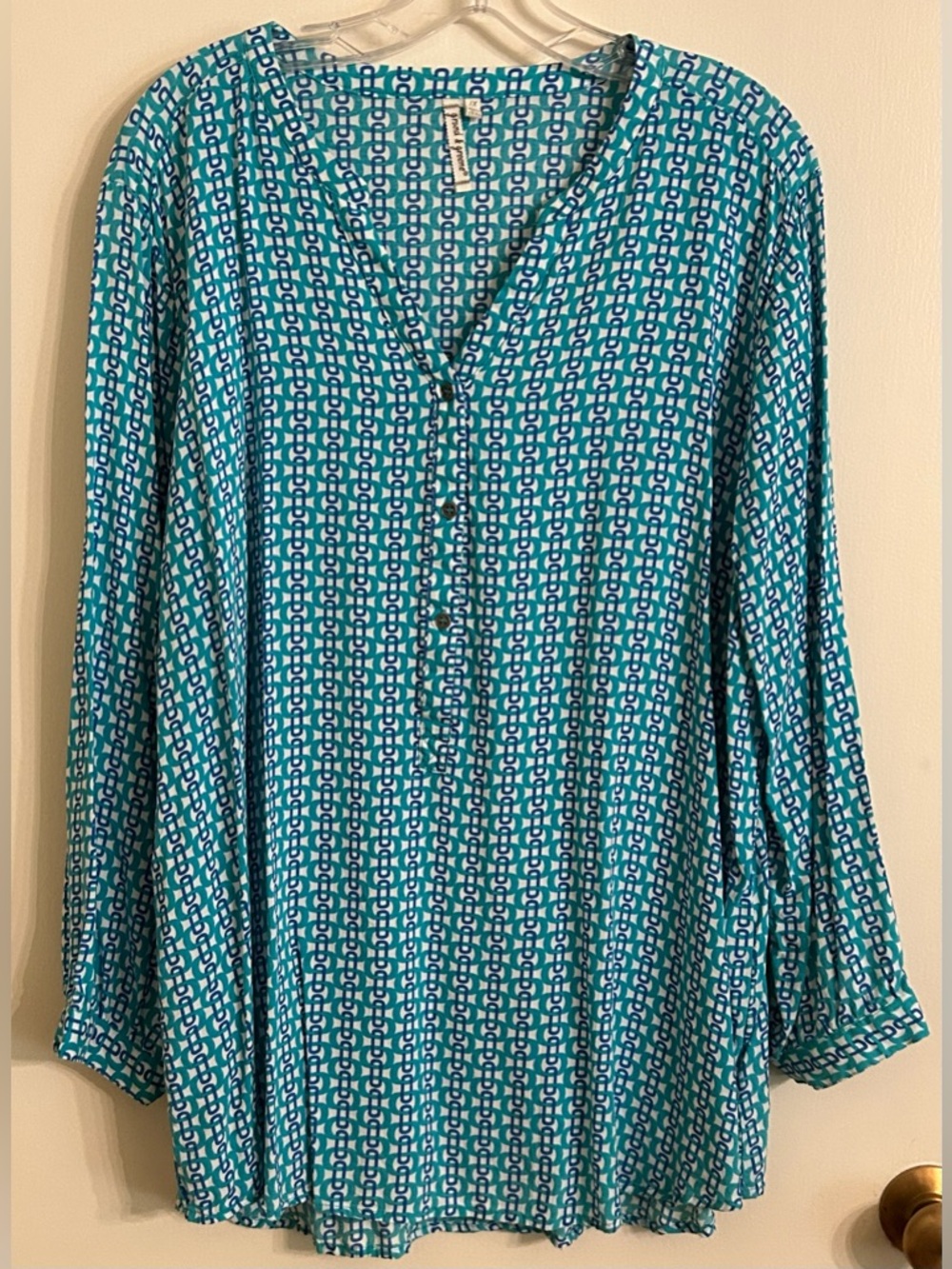grand & greene Teal and White Geometric V-Neck Tunic